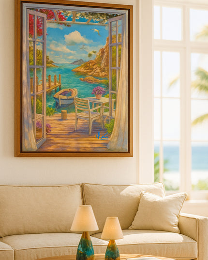Pintura de Paisaje de Terraza vista al mar en acrílico