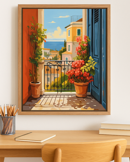 Pintura de paisaje Terraza con vista a la ciudad en acrílico