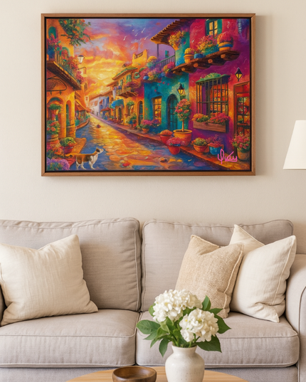 Pintura de Paisaje casas coloridas arte pop en acrílico