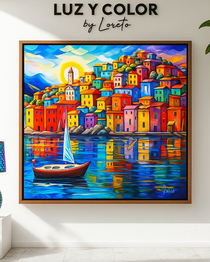 Pintura del paisaje de un atardecer en un pueblo costero en acrílico
